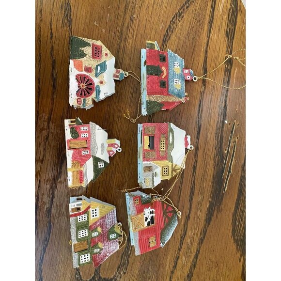 Vintage Painted Filigree Metal House Mill Barn Ornament Christmas Light Covers - Picture 1 of 4